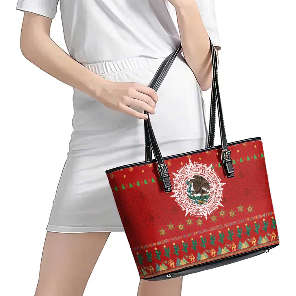 Mexico Merry Christmas Leather Tote Bag Mexican Cultural Emblem Xmas Style - Polynesian Pride