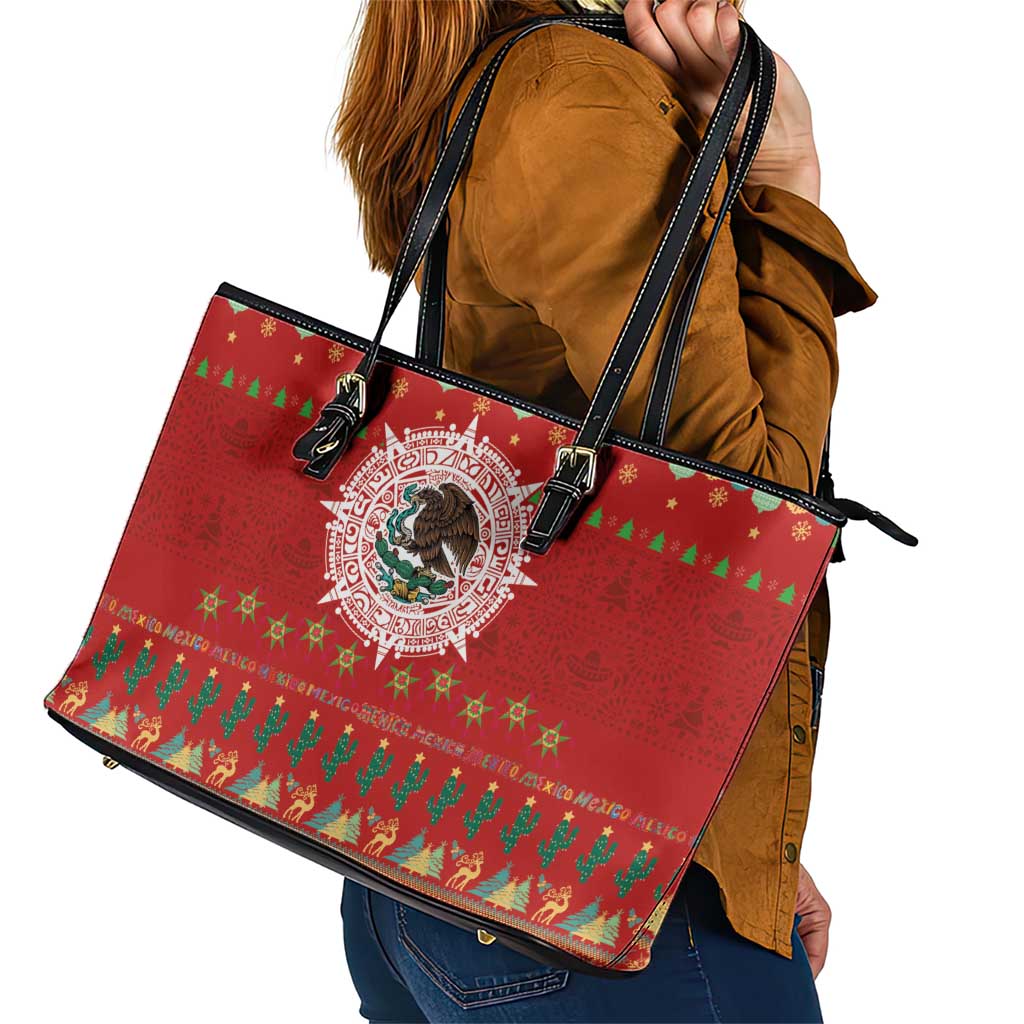 Mexico Merry Christmas Leather Tote Bag Mexican Cultural Emblem Xmas Style - Polynesian Pride