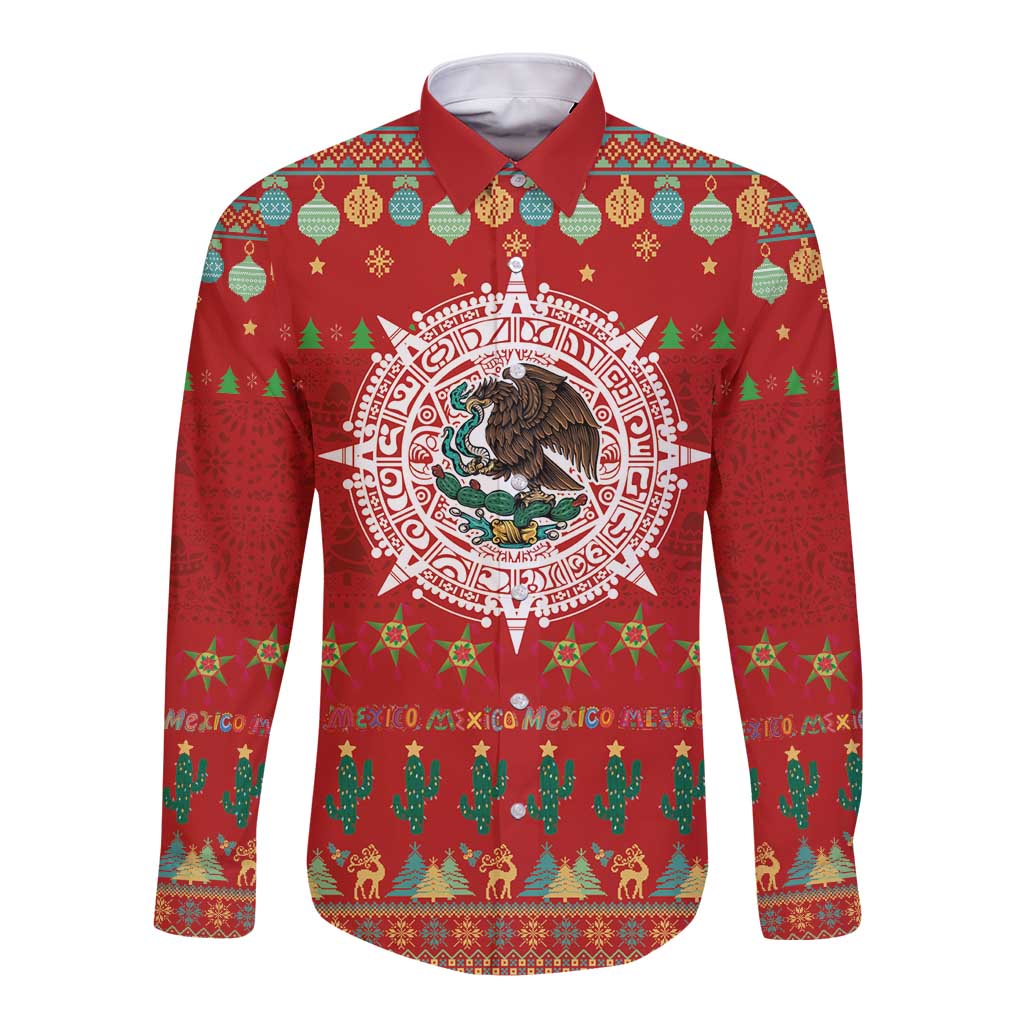 Mexico Merry Christmas Long Sleeve Button Shirt Mexican Cultural Emblem Xmas Style - Polynesian Pride