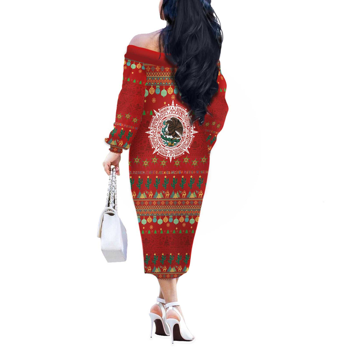 Mexico Merry Christmas Off The Shoulder Long Sleeve Dress Mexican Cultural Emblem Xmas Style - Polynesian Pride
