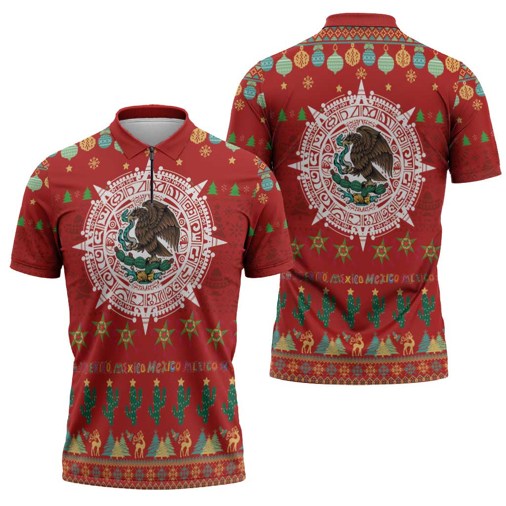 Mexico Merry Christmas Zipper Polo Shirt Mexican Cultural Emblem Xmas Style - Polynesian Pride