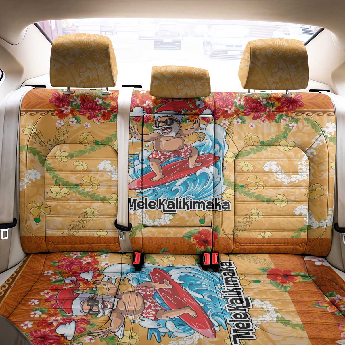 Hawaii Mele Kalikimaka Back Car Seat Cover Funny Santa Claus Surfing on Tropical Plants - Polynesian Pride