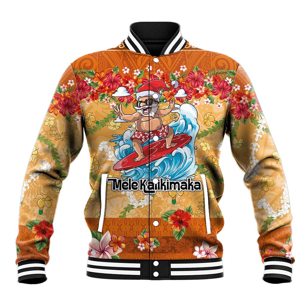 Hawaii Mele Kalikimaka Baseball Jacket Funny Santa Claus Surfing on Tropical Plants LT03 Unisex Multicolor - Polynesian Pride