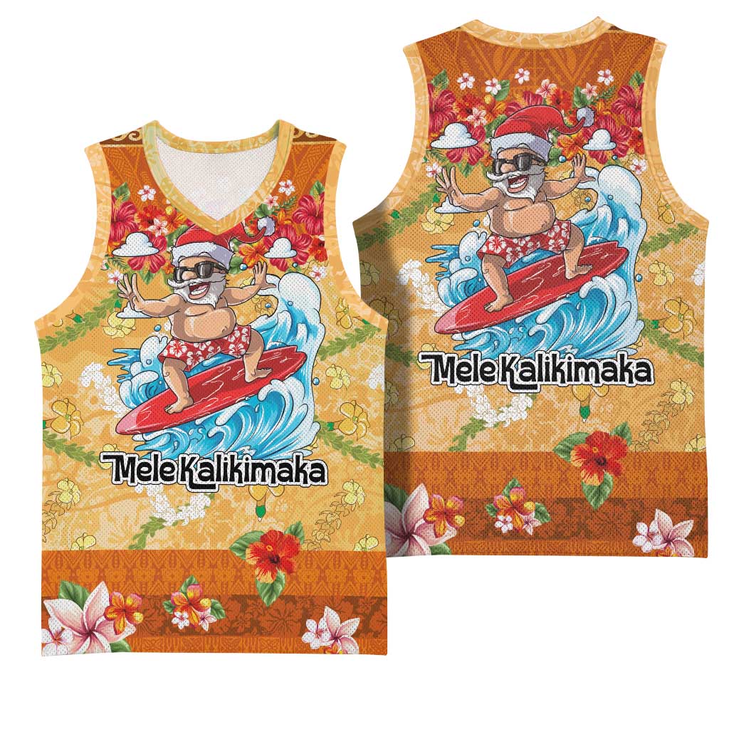 Hawaii Mele Kalikimaka Basketball Jersey Funny Santa Claus Surfing on Tropical Plants - Polynesian Pride