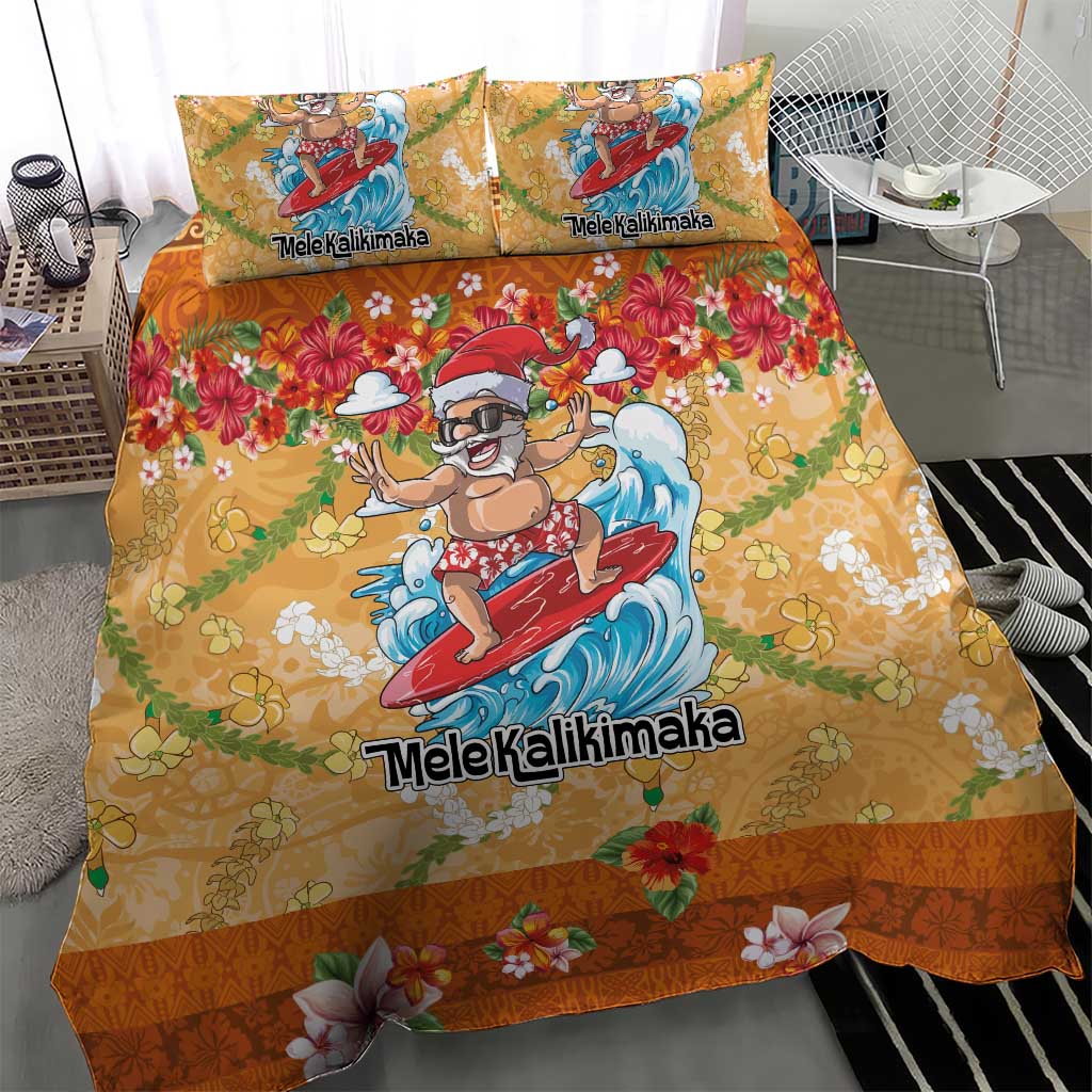 Hawaii Mele Kalikimaka Bedding Set Funny Santa Claus Surfing on Tropical Plants - Polynesian Pride