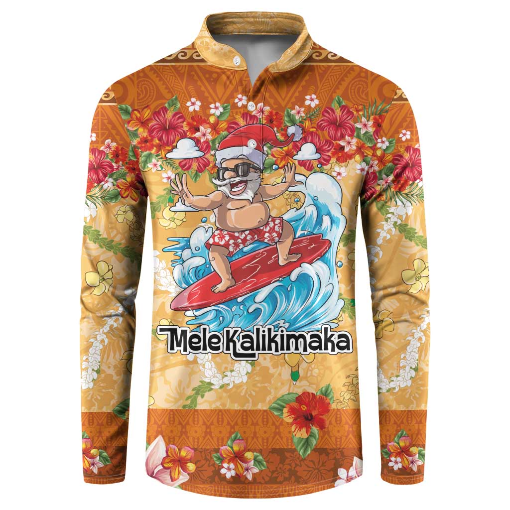 Hawaii Mele Kalikimaka Button Sweatshirt Funny Santa Claus Surfing on Tropical Plants - Polynesian Pride