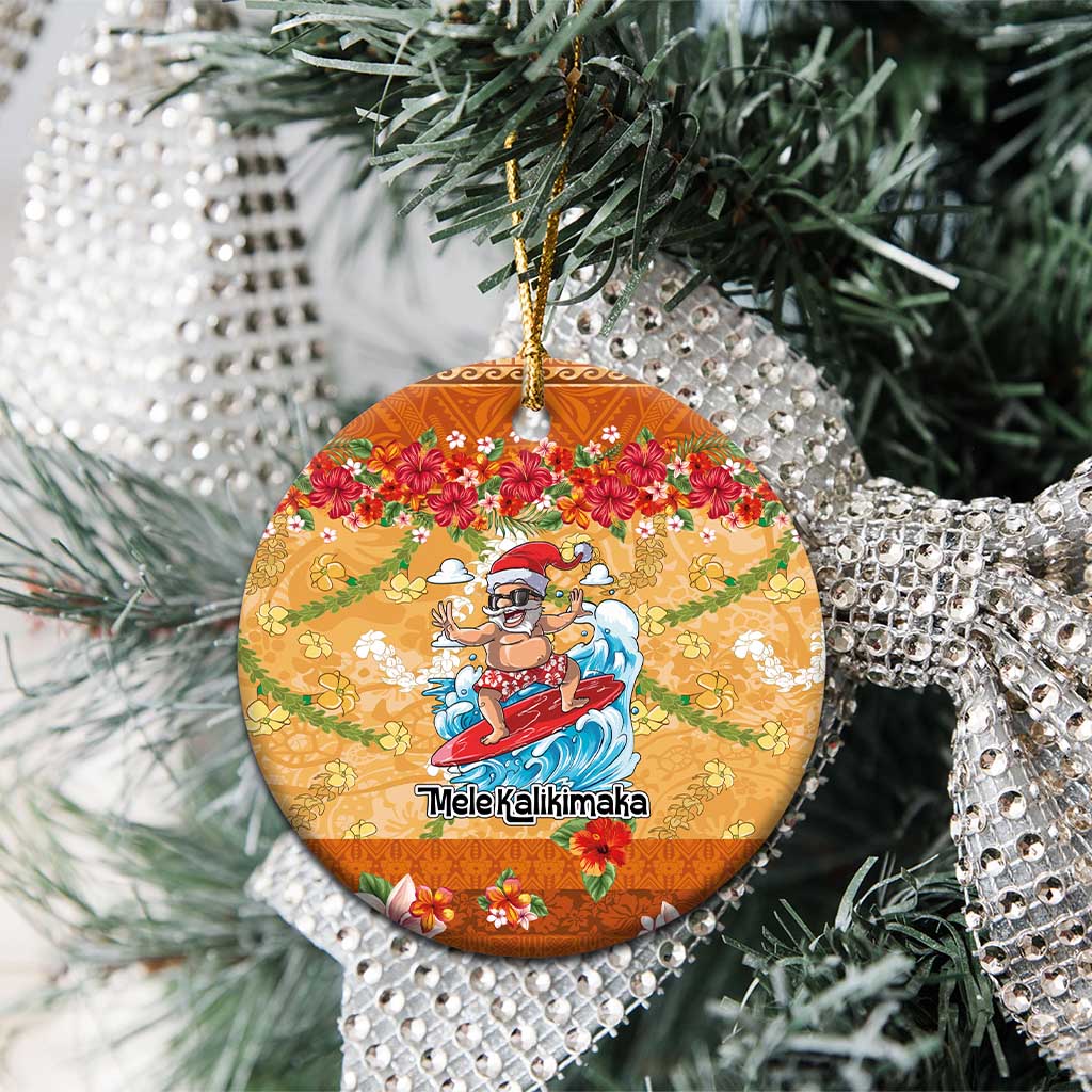 Hawaii Mele Kalikimaka Ceramic Ornament Funny Santa Claus Surfing on Tropical Plants - Polynesian Pride