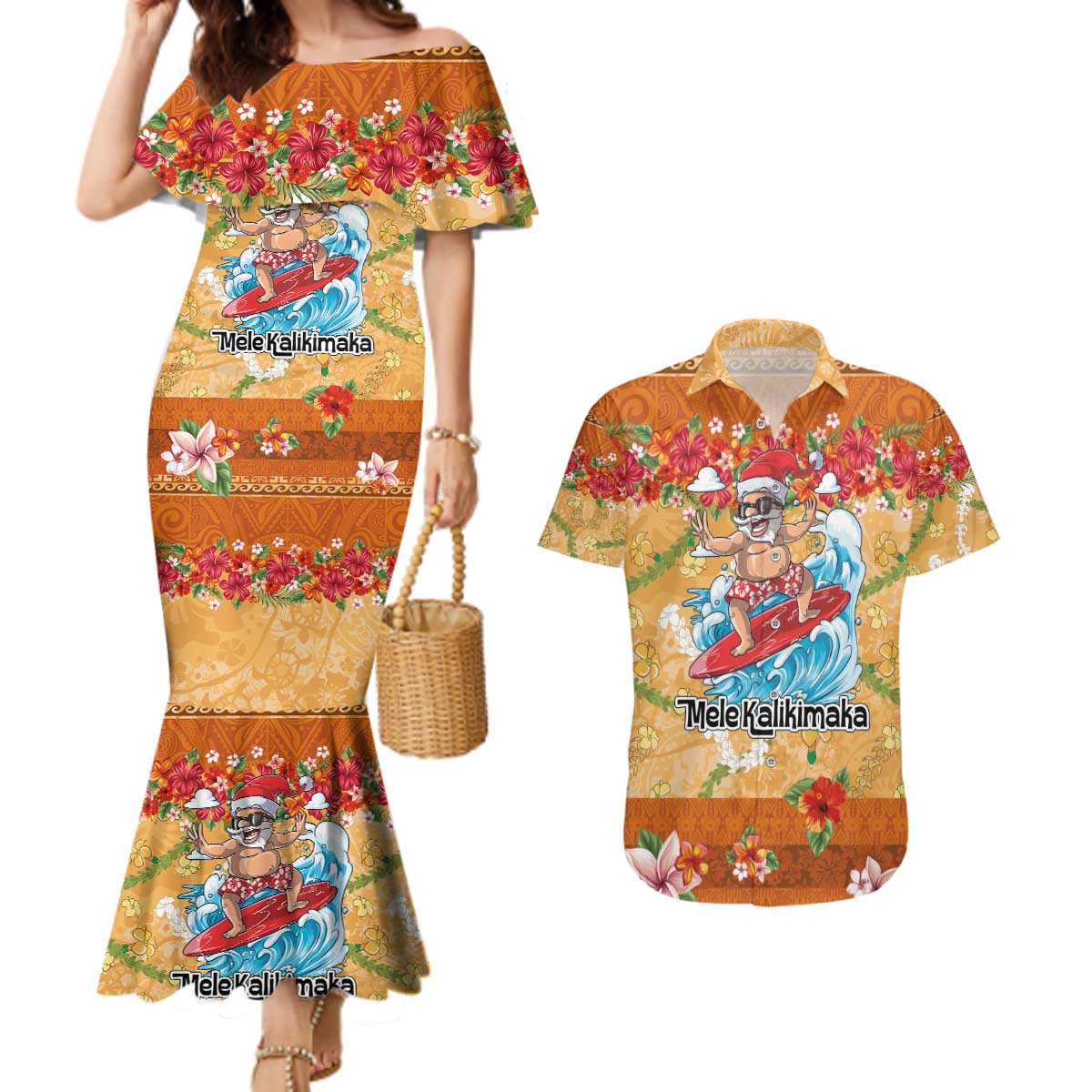 Hawaii Mele Kalikimaka Couples Matching Mermaid Dress and Hawaiian Shirt Funny Santa Claus Surfing on Tropical Plants - Polynesian Pride
