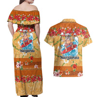 Hawaii Mele Kalikimaka Couples Matching Off Shoulder Maxi Dress and Hawaiian Shirt Funny Santa Claus Surfing on Tropical Plants - Polynesian Pride