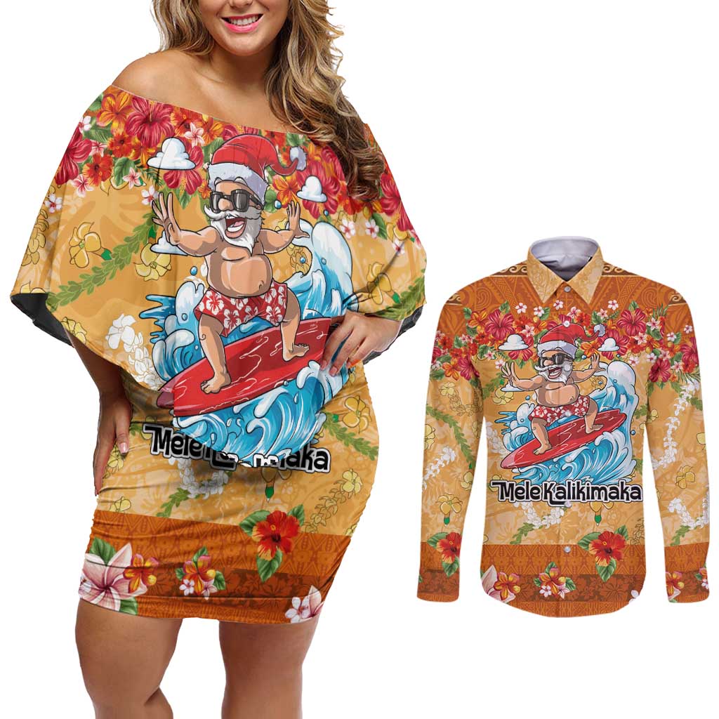 Hawaii Mele Kalikimaka Couples Matching Off Shoulder Short Dress and Long Sleeve Button Shirt Funny Santa Claus Surfing on Tropical Plants - Polynesian Pride