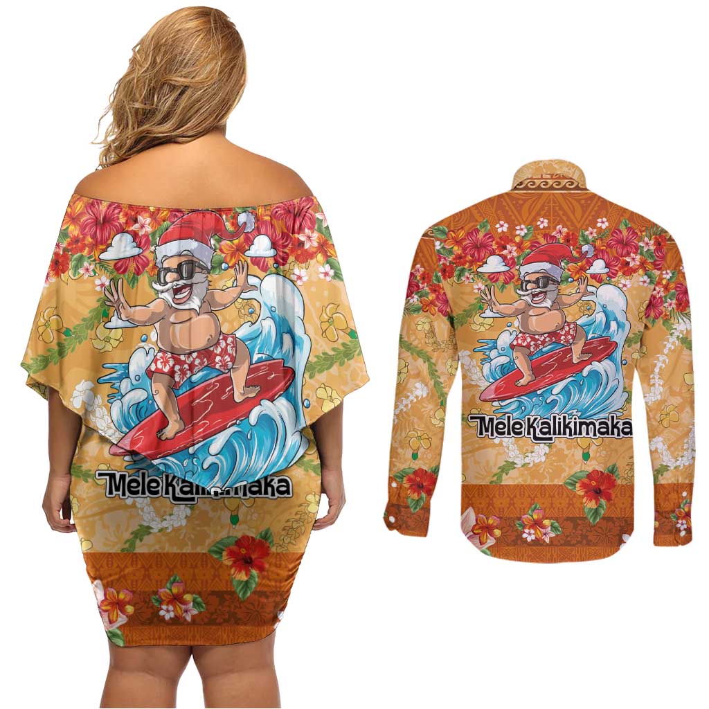 Hawaii Mele Kalikimaka Couples Matching Off Shoulder Short Dress and Long Sleeve Button Shirt Funny Santa Claus Surfing on Tropical Plants - Polynesian Pride