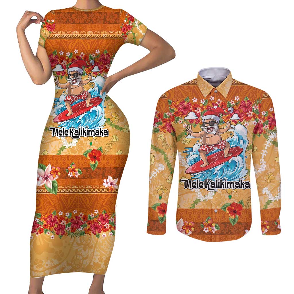 Hawaii Mele Kalikimaka Couples Matching Short Sleeve Bodycon Dress and Long Sleeve Button Shirt Funny Santa Claus Surfing on Tropical Plants - Polynesian Pride