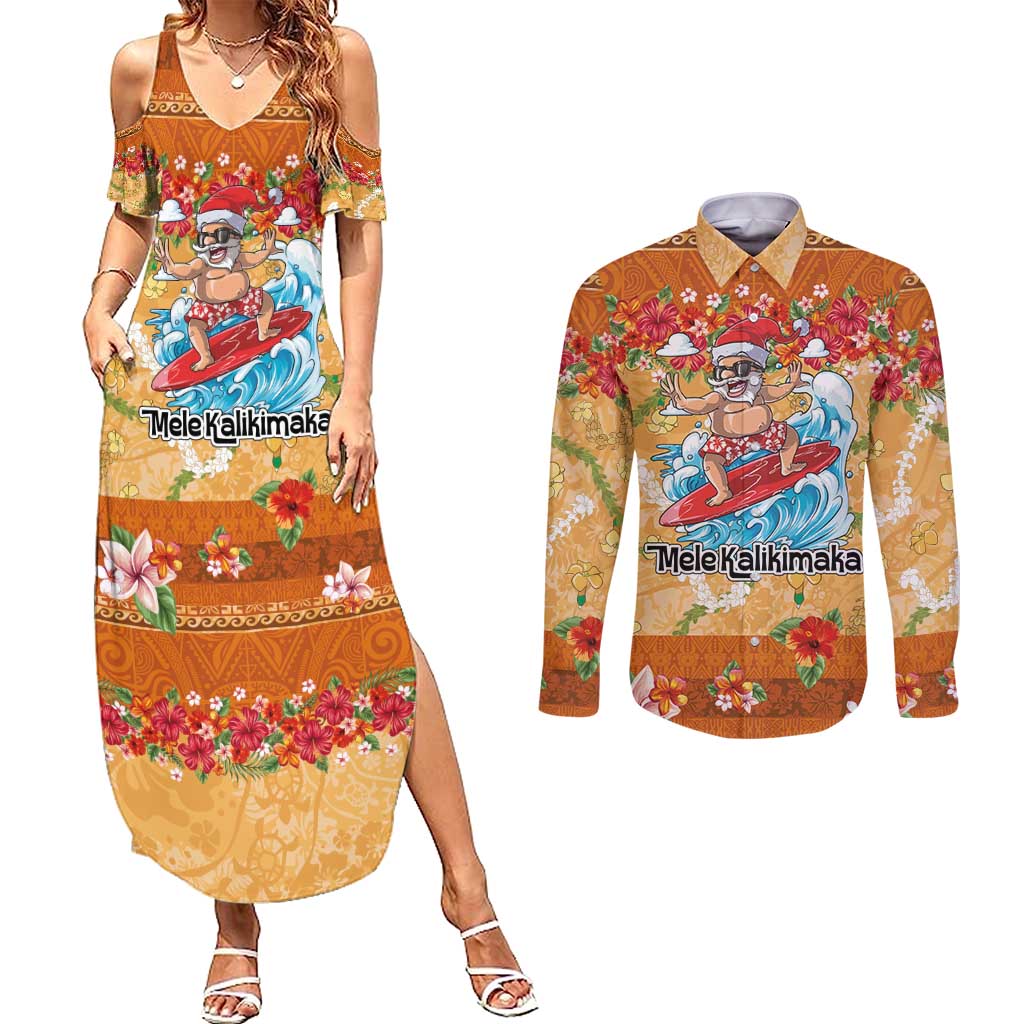 Hawaii Mele Kalikimaka Couples Matching Summer Maxi Dress and Long Sleeve Button Shirt Funny Santa Claus Surfing on Tropical Plants - Polynesian Pride