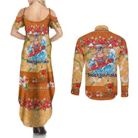 Hawaii Mele Kalikimaka Couples Matching Summer Maxi Dress and Long Sleeve Button Shirt Funny Santa Claus Surfing on Tropical Plants - Polynesian Pride
