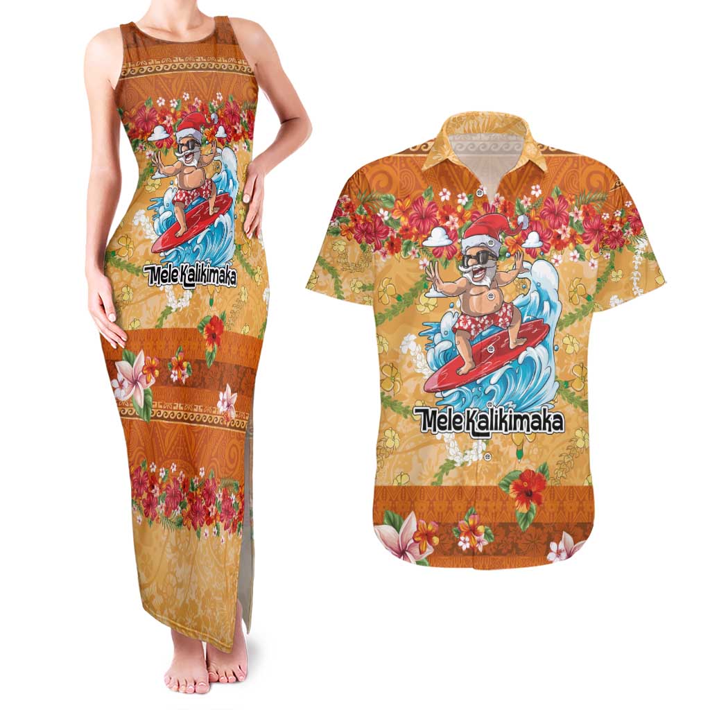 Hawaii Mele Kalikimaka Couples Matching Tank Maxi Dress and Hawaiian Shirt Funny Santa Claus Surfing on Tropical Plants - Polynesian Pride
