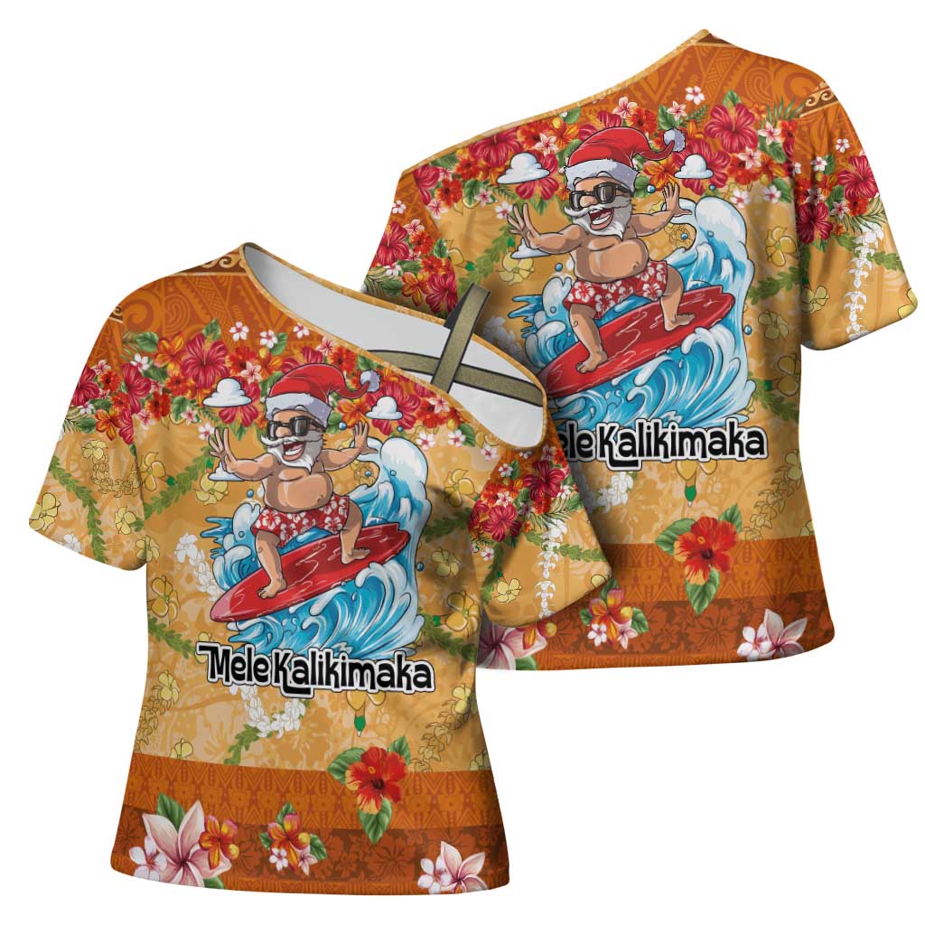Hawaii Mele Kalikimaka Cross Shoulder Shirt Funny Santa Claus Surfing on Tropical Plants - Polynesian Pride