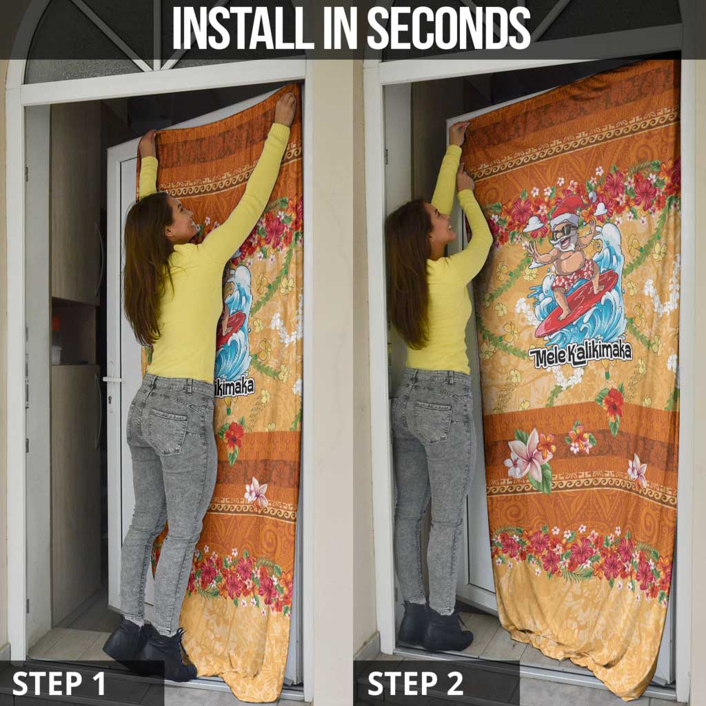 Hawaii Mele Kalikimaka Door Cover Funny Santa Claus Surfing on Tropical Plants - Polynesian Pride