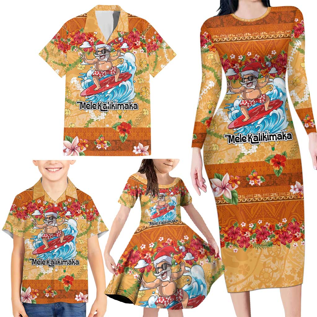 Hawaii Mele Kalikimaka Family Matching Long Sleeve Bodycon Dress and Hawaiian Shirt Funny Santa Claus Surfing on Tropical Plants - Polynesian Pride