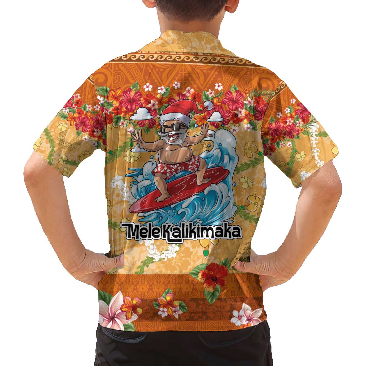 Hawaii Mele Kalikimaka Family Matching Off The Shoulder Long Sleeve Dress and Hawaiian Shirt Funny Santa Claus Surfing on Tropical Plants - Polynesian Pride