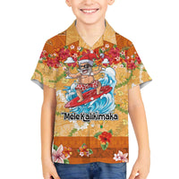 Hawaii Mele Kalikimaka Family Matching Off The Shoulder Long Sleeve Dress and Hawaiian Shirt Funny Santa Claus Surfing on Tropical Plants - Polynesian Pride