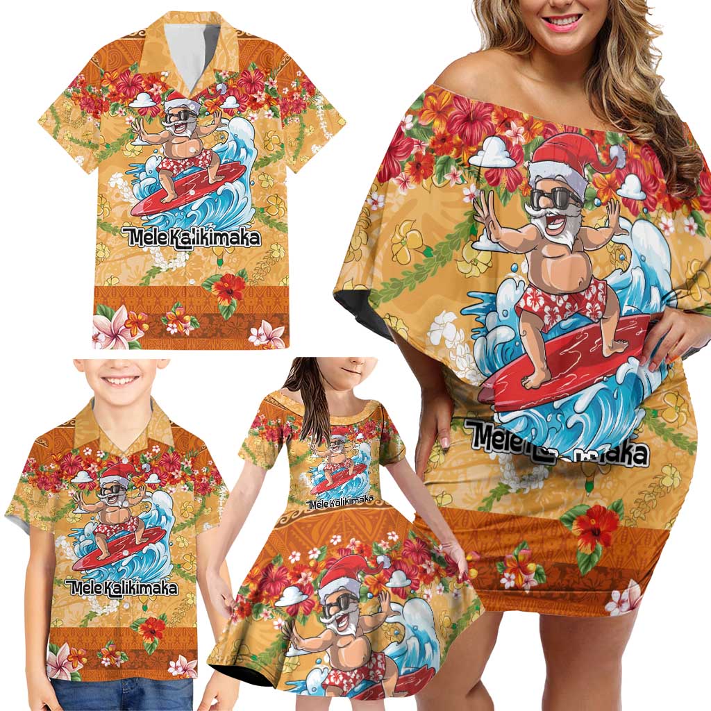 Hawaii Mele Kalikimaka Family Matching Off Shoulder Short Dress and Hawaiian Shirt Funny Santa Claus Surfing on Tropical Plants - Polynesian Pride