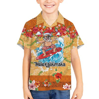 Hawaii Mele Kalikimaka Family Matching Off Shoulder Short Dress and Hawaiian Shirt Funny Santa Claus Surfing on Tropical Plants - Polynesian Pride