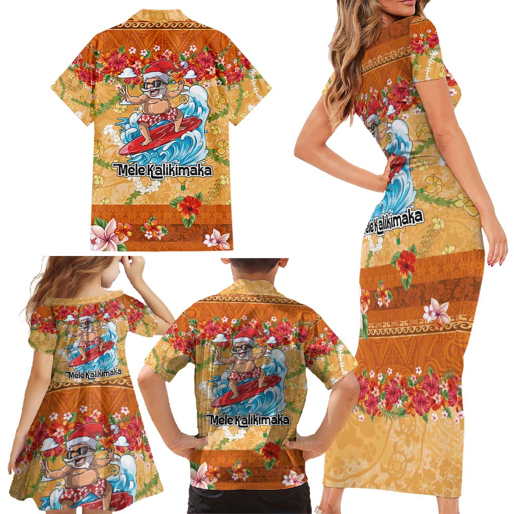 Hawaii Mele Kalikimaka Family Matching Short Sleeve Bodycon Dress and Hawaiian Shirt Funny Santa Claus Surfing on Tropical Plants - Polynesian Pride