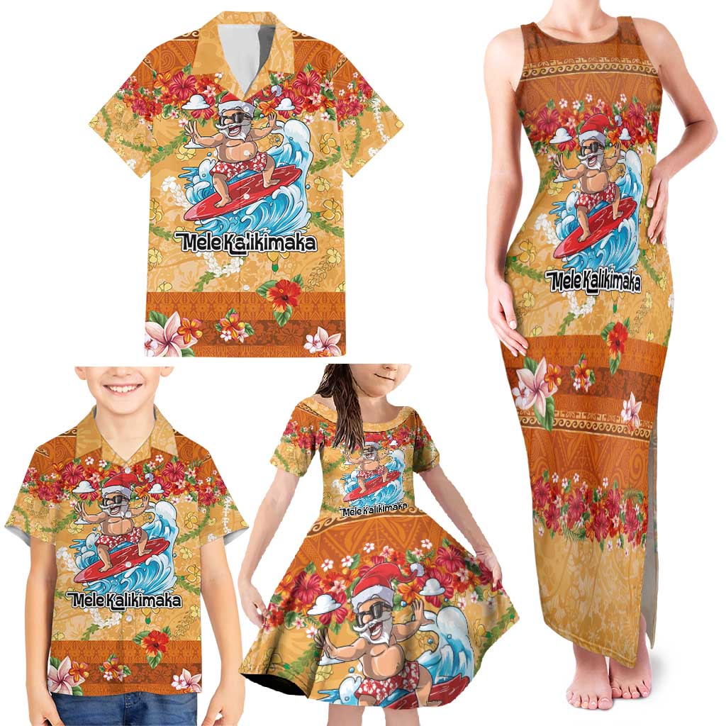 Hawaii Mele Kalikimaka Family Matching Tank Maxi Dress and Hawaiian Shirt Funny Santa Claus Surfing on Tropical Plants - Polynesian Pride
