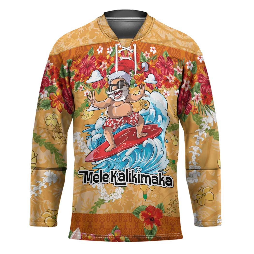Hawaii Mele Kalikimaka Hockey Jersey Funny Santa Claus Surfing on Tropical Plants LT03 Unisex Multicolor - Polynesian Pride