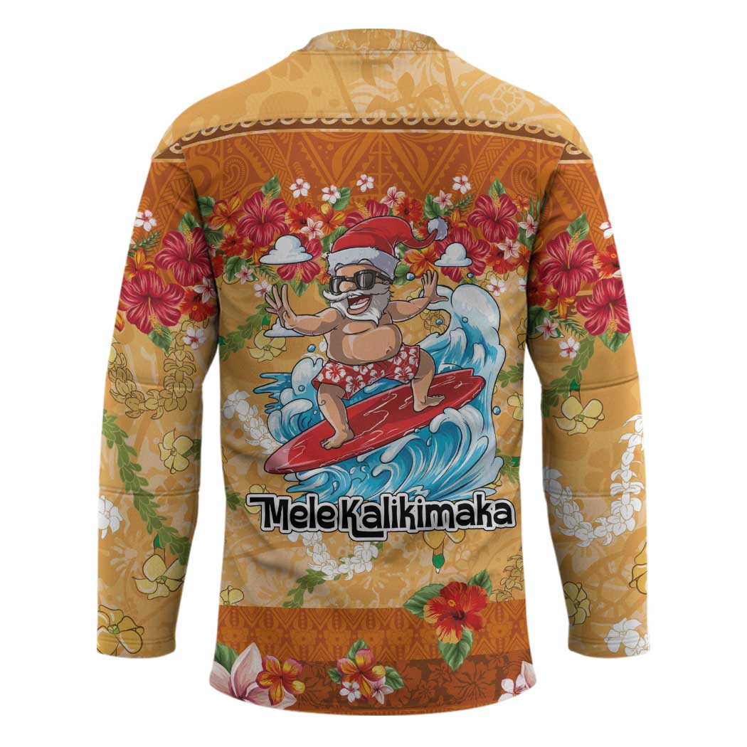 Hawaii Mele Kalikimaka Hockey Jersey Funny Santa Claus Surfing on Tropical Plants - Polynesian Pride