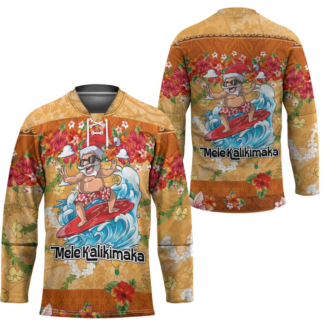 Hawaii Mele Kalikimaka Hockey Jersey Funny Santa Claus Surfing on Tropical Plants - Polynesian Pride