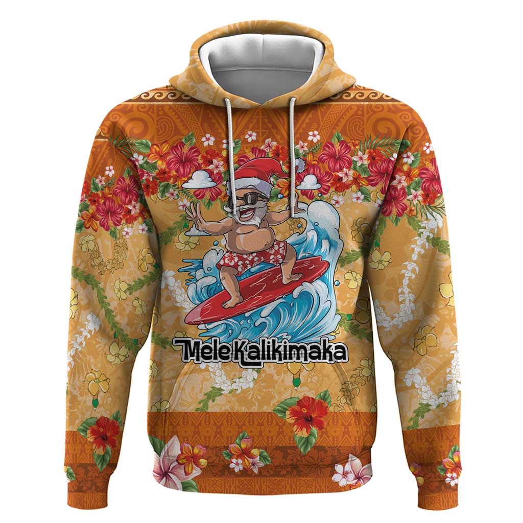Hawaii Mele Kalikimaka Hoodie Funny Santa Claus Surfing on Tropical Plants - Polynesian Pride