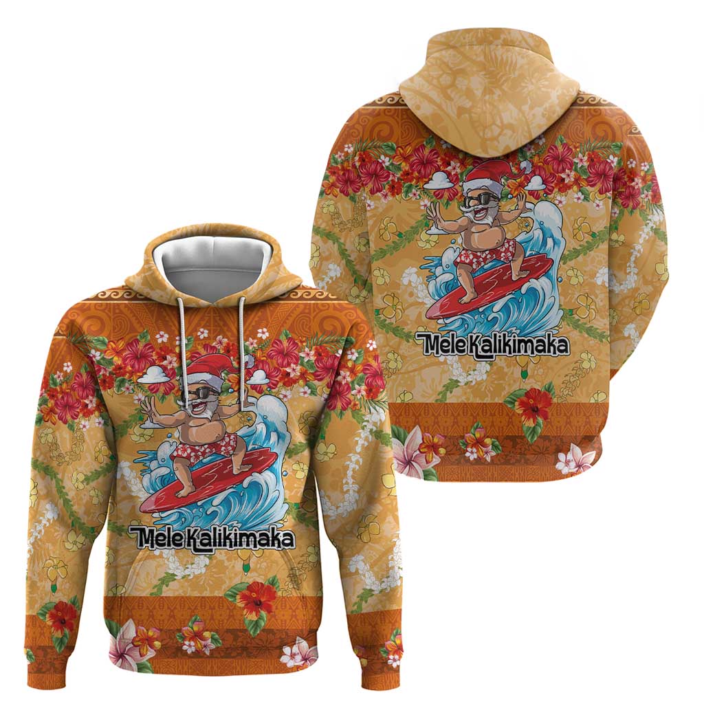 Hawaii Mele Kalikimaka Hoodie Funny Santa Claus Surfing on Tropical Plants - Polynesian Pride