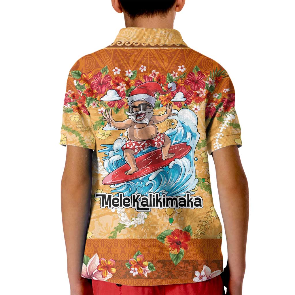 Hawaii Mele Kalikimaka Kid Polo Shirt Funny Santa Claus Surfing on Tropical Plants - Polynesian Pride