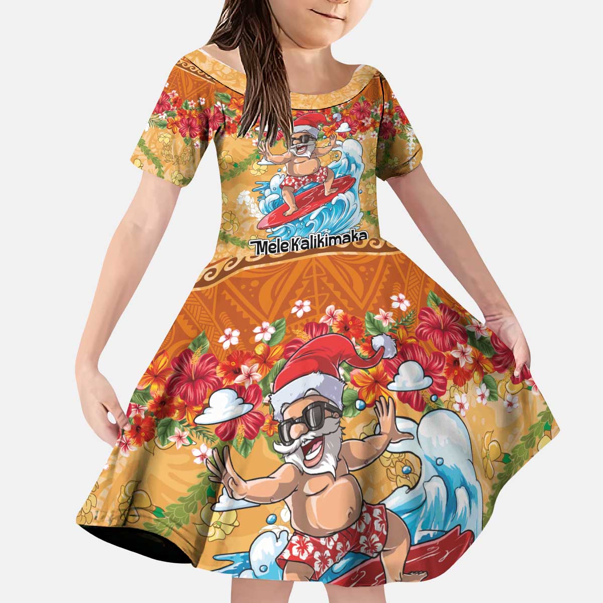 Hawaii Mele Kalikimaka Kid Short Sleeve Dress Funny Santa Claus Surfing on Tropical Plants - Polynesian Pride