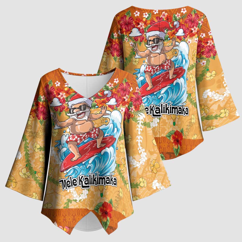 Hawaii Mele Kalikimaka Kimono Sleeve Blouse Funny Santa Claus Surfing on Tropical Plants - Polynesian Pride