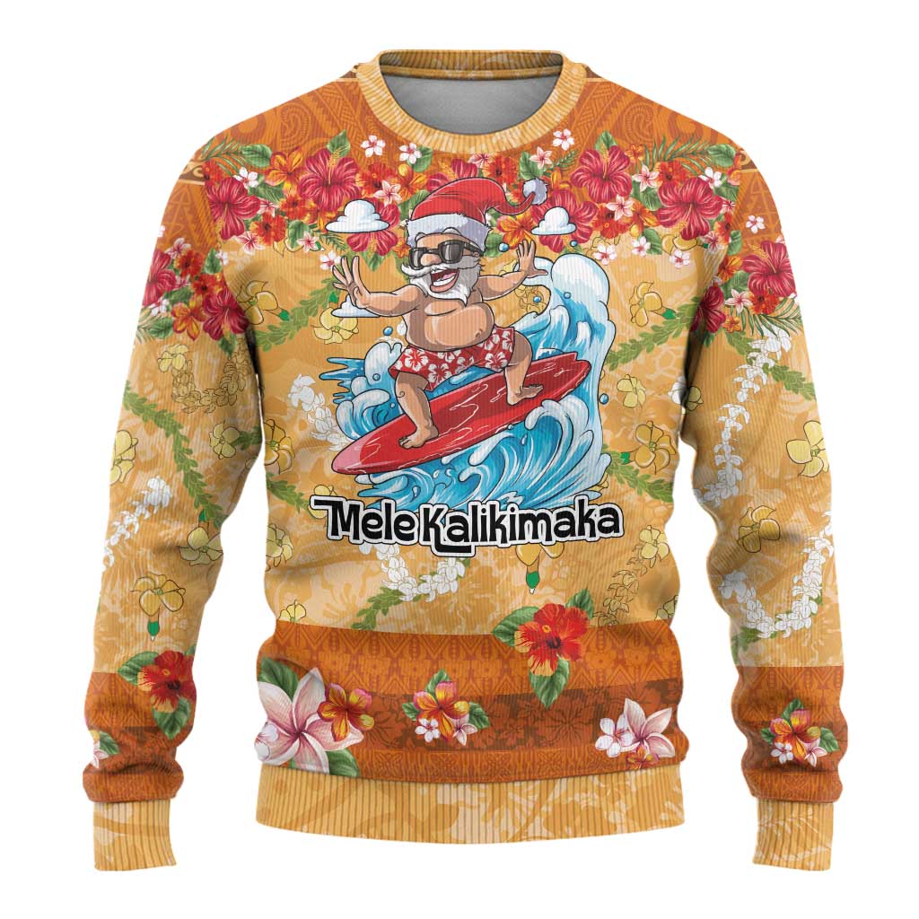 Hawaii Mele Kalikimaka Ugly Christmas Sweater Funny Santa Claus Surfing on Tropical Plants - Polynesian Pride