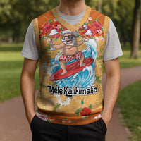 Hawaii Mele Kalikimaka Christmas Knitted V-Neck Vest Funny Santa Claus Surfing on Tropical Plants - Polynesian Pride