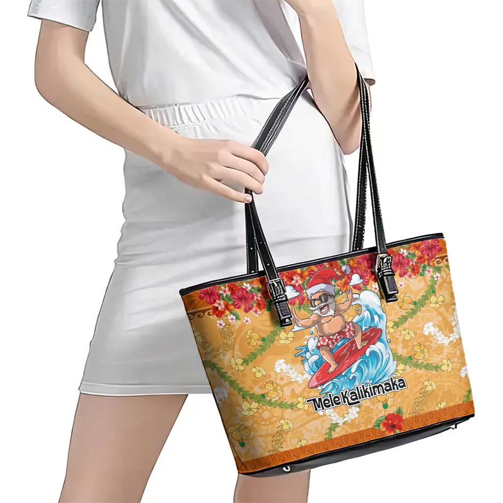 Hawaii Mele Kalikimaka Leather Tote Bag Funny Santa Claus Surfing on Tropical Plants - Polynesian Pride