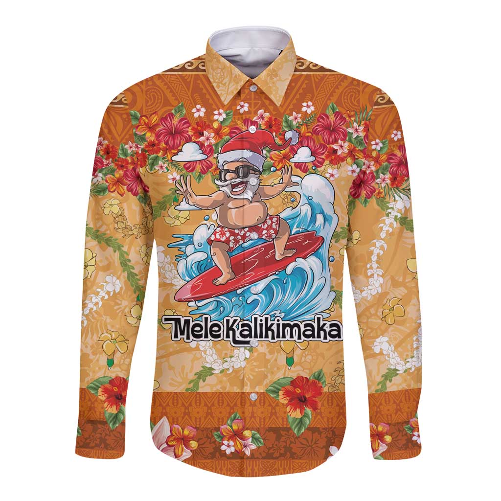 Hawaii Mele Kalikimaka Long Sleeve Button Shirt Funny Santa Claus Surfing on Tropical Plants - Polynesian Pride