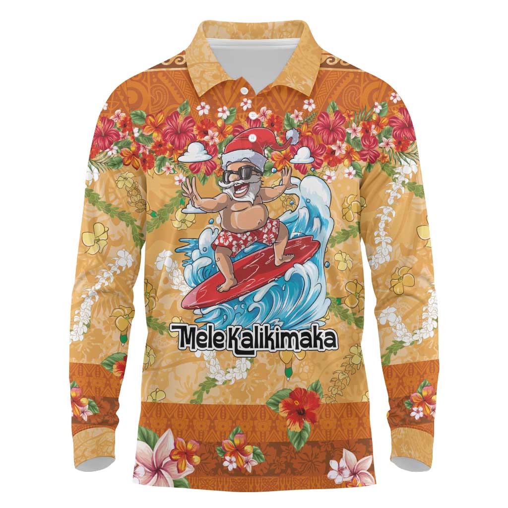 Hawaii Mele Kalikimaka Long Sleeve Polo Shirt Funny Santa Claus Surfing on Tropical Plants - Polynesian Pride