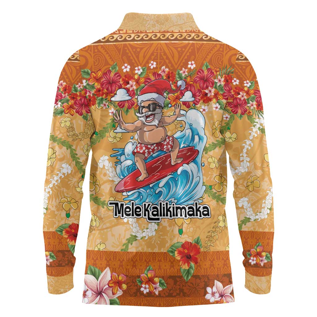 Hawaii Mele Kalikimaka Long Sleeve Polo Shirt Funny Santa Claus Surfing on Tropical Plants - Polynesian Pride