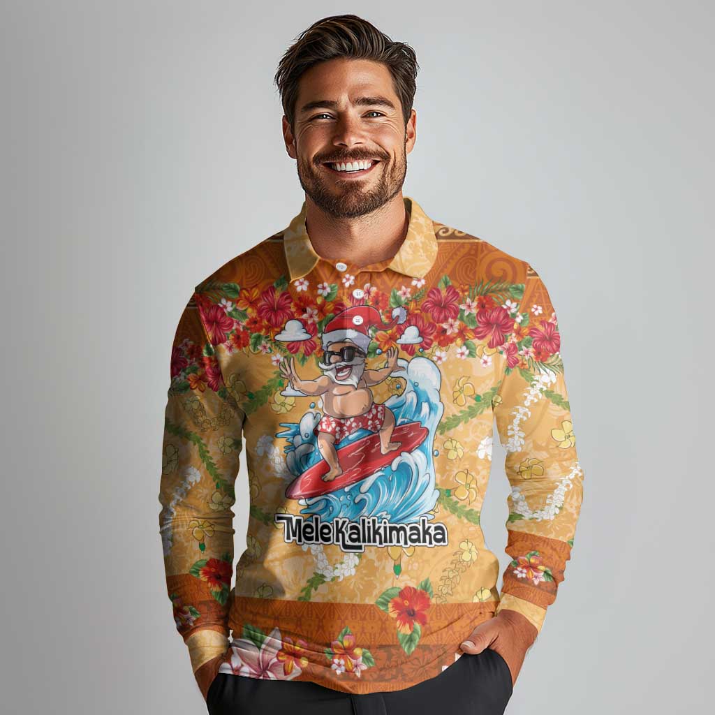 Hawaii Mele Kalikimaka Long Sleeve Polo Shirt Funny Santa Claus Surfing on Tropical Plants - Polynesian Pride