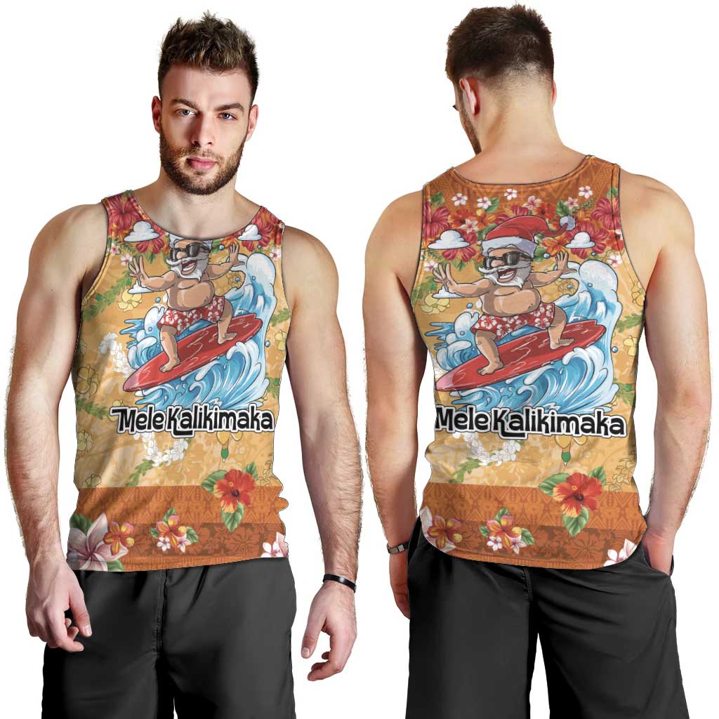 Hawaii Mele Kalikimaka Men Tank Top Funny Santa Claus Surfing on Tropical Plants - Polynesian Pride