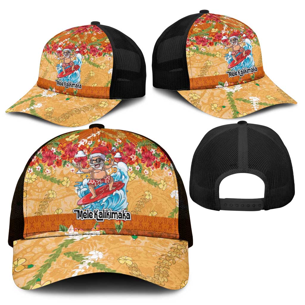 Hawaii Mele Kalikimaka Mesh Trucker Cap Funny Santa Claus Surfing on Tropical Plants - Polynesian Pride