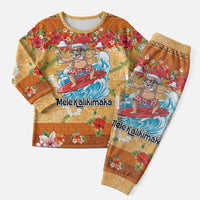 Hawaii Mele Kalikimaka Christmas Pajama Set Funny Santa Claus Surfing on Tropical Plants - Polynesian Pride
