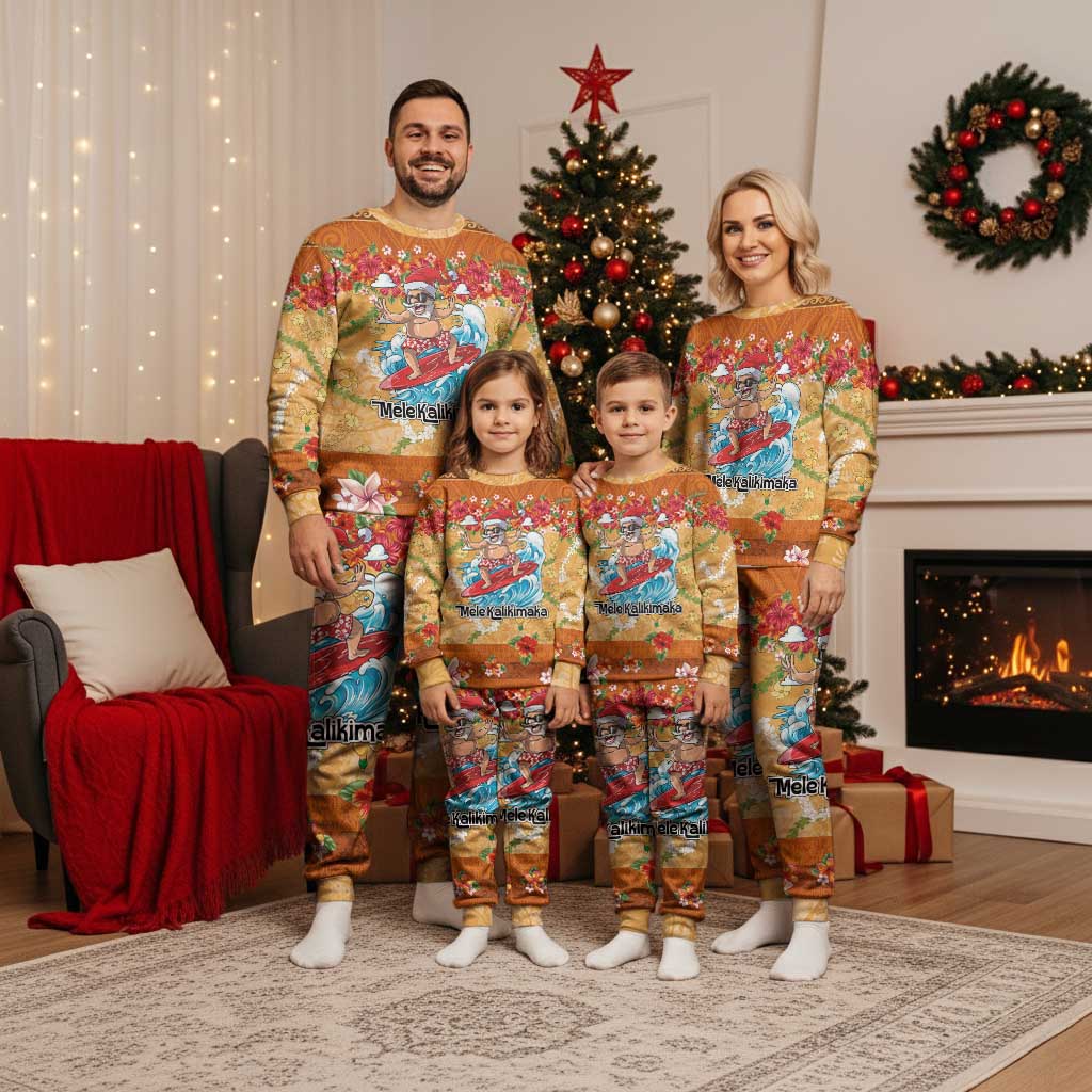 Hawaii Mele Kalikimaka Christmas Pajama Set Funny Santa Claus Surfing on Tropical Plants - Polynesian Pride