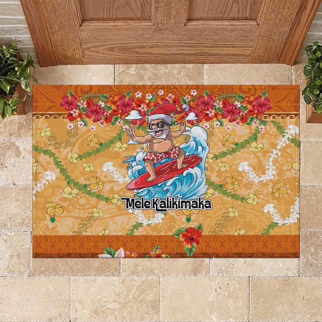 Hawaii Mele Kalikimaka Rubber Doormat Funny Santa Claus Surfing on Tropical Plants LT03 Multicolor - Polynesian Pride