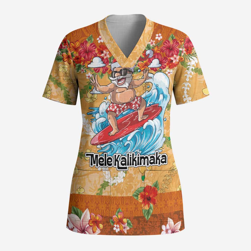Hawaii Mele Kalikimaka Scrub Top Funny Santa Claus Surfing on Tropical Plants LT03 Adult Multicolor - Polynesian Pride