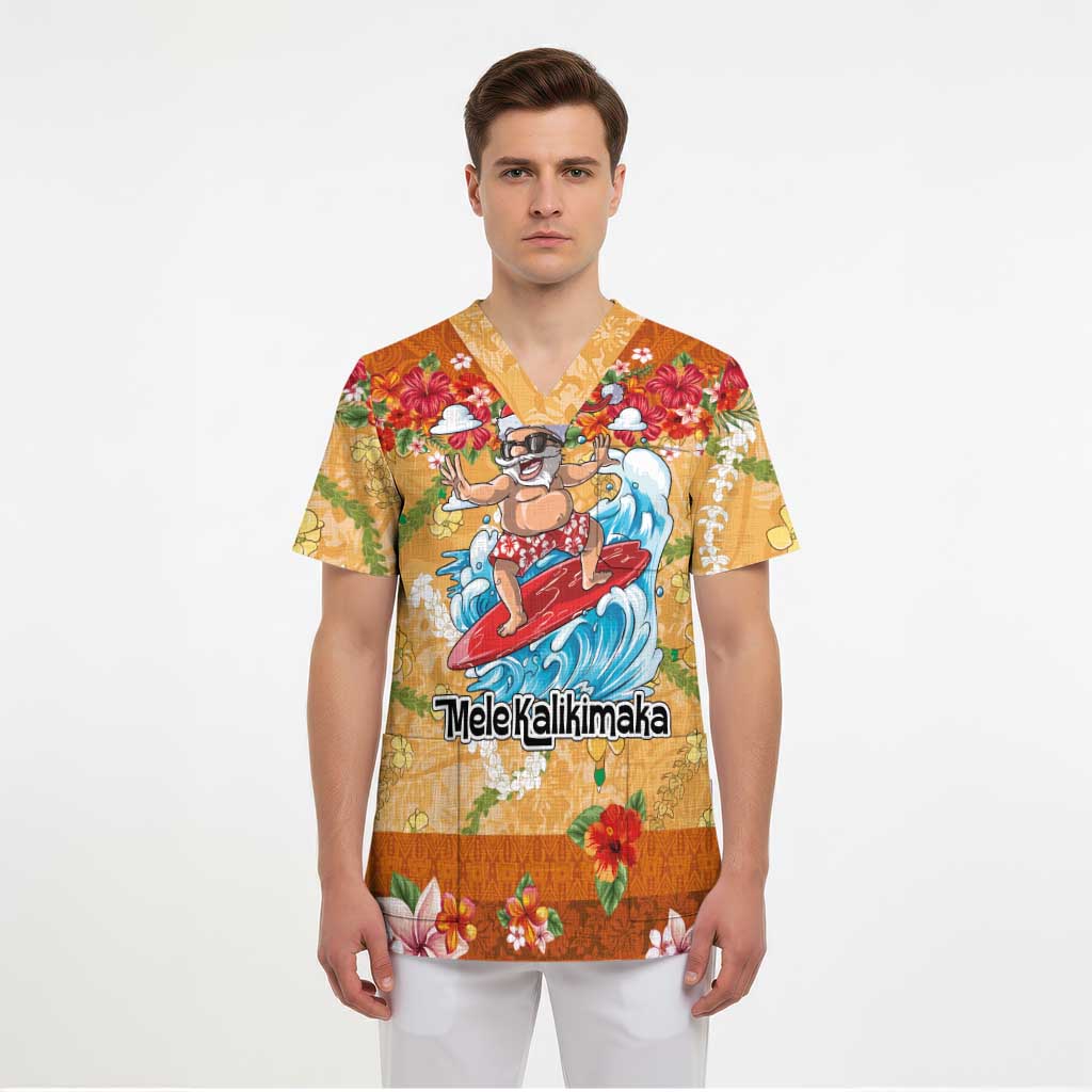 Hawaii Mele Kalikimaka Scrub Top Funny Santa Claus Surfing on Tropical Plants - Polynesian Pride